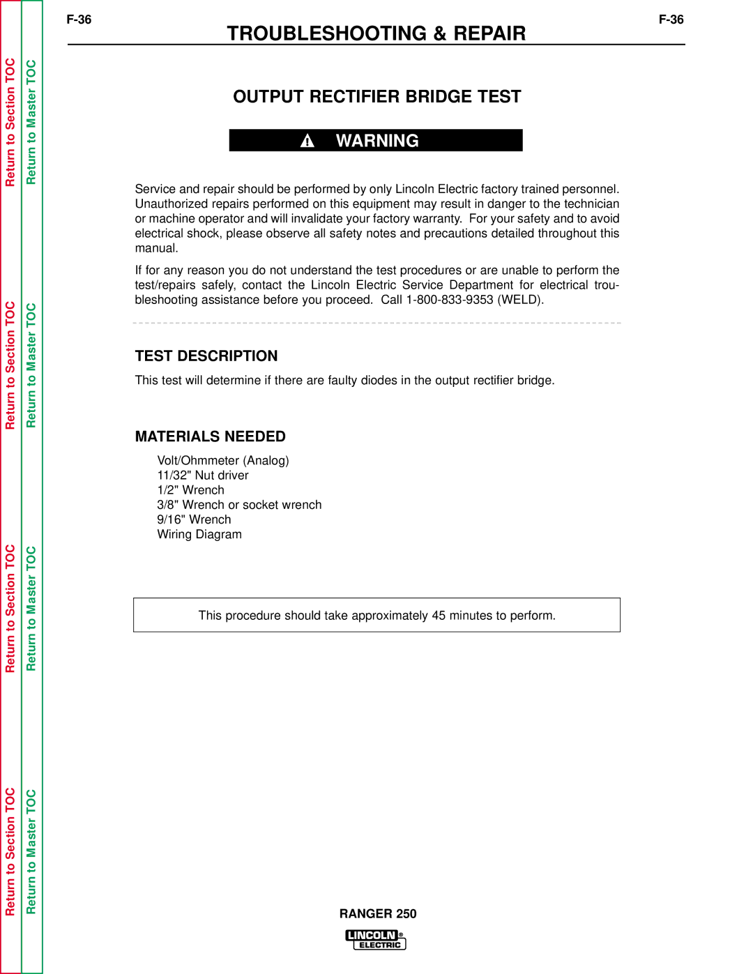 Lincoln Electric SVM150-A service manual Output Rectifier Bridge Test, Test Description 