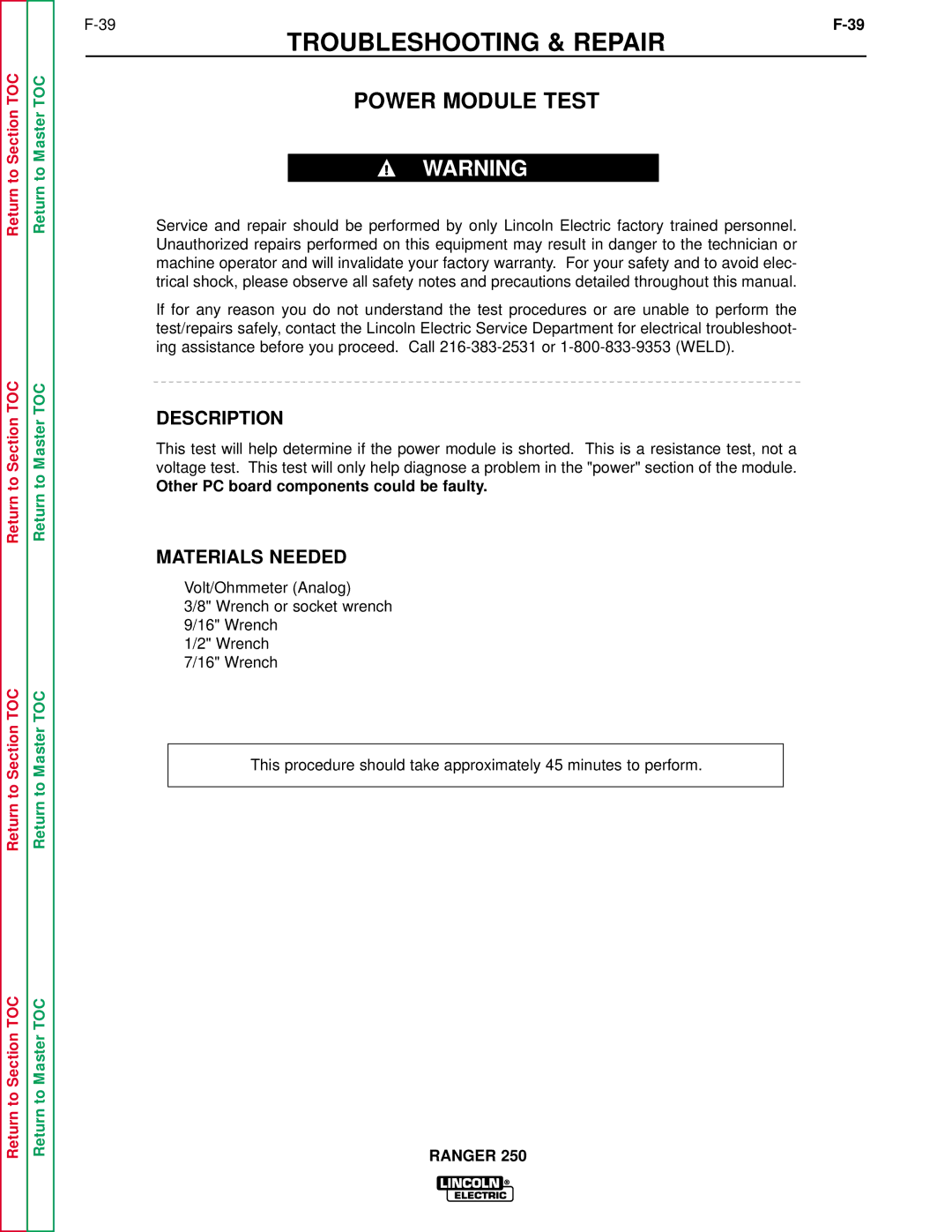 Lincoln Electric SVM150-A service manual Power Module Test, Description, Other PC board components could be faulty 