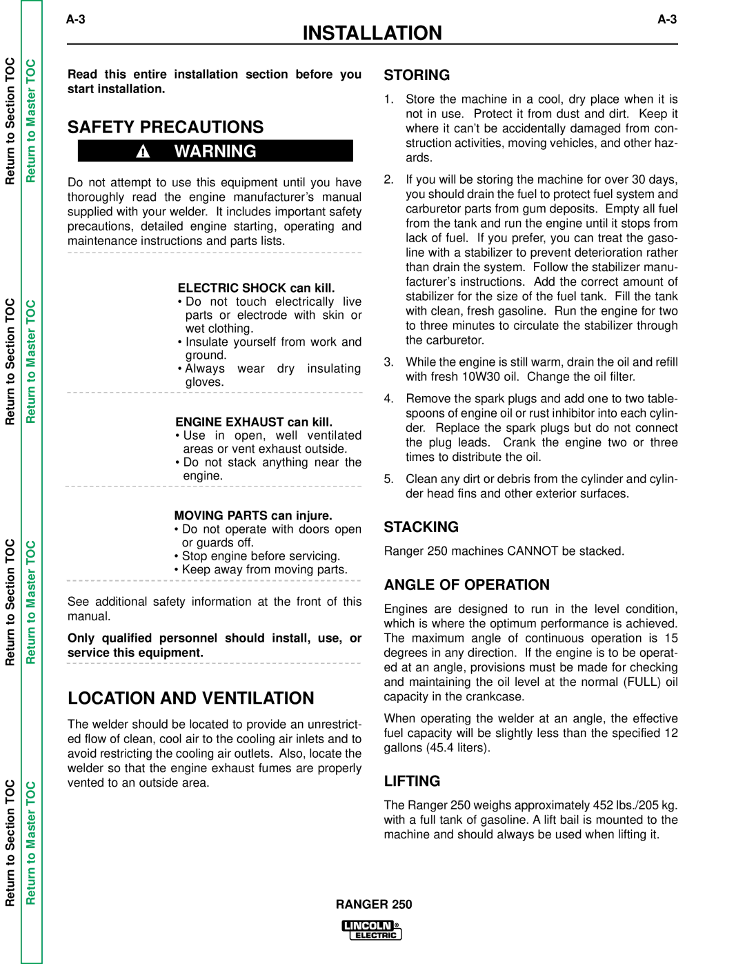 Lincoln Electric SVM150-A service manual Safety Precautions, Location and Ventilation 