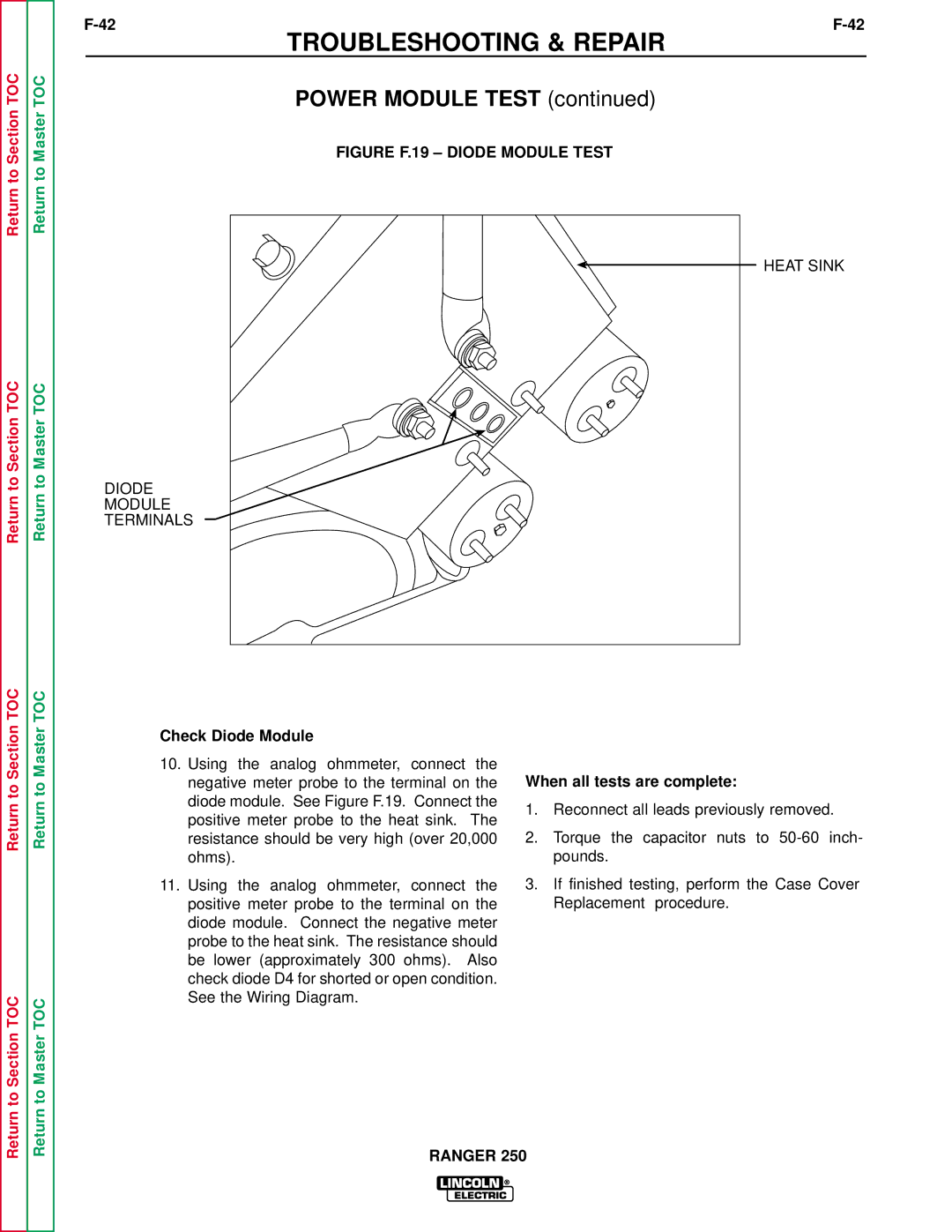 Lincoln Electric SVM150-A service manual Figure F.19 Diode Module Test Heat Sink Terminals, Check Diode Module 