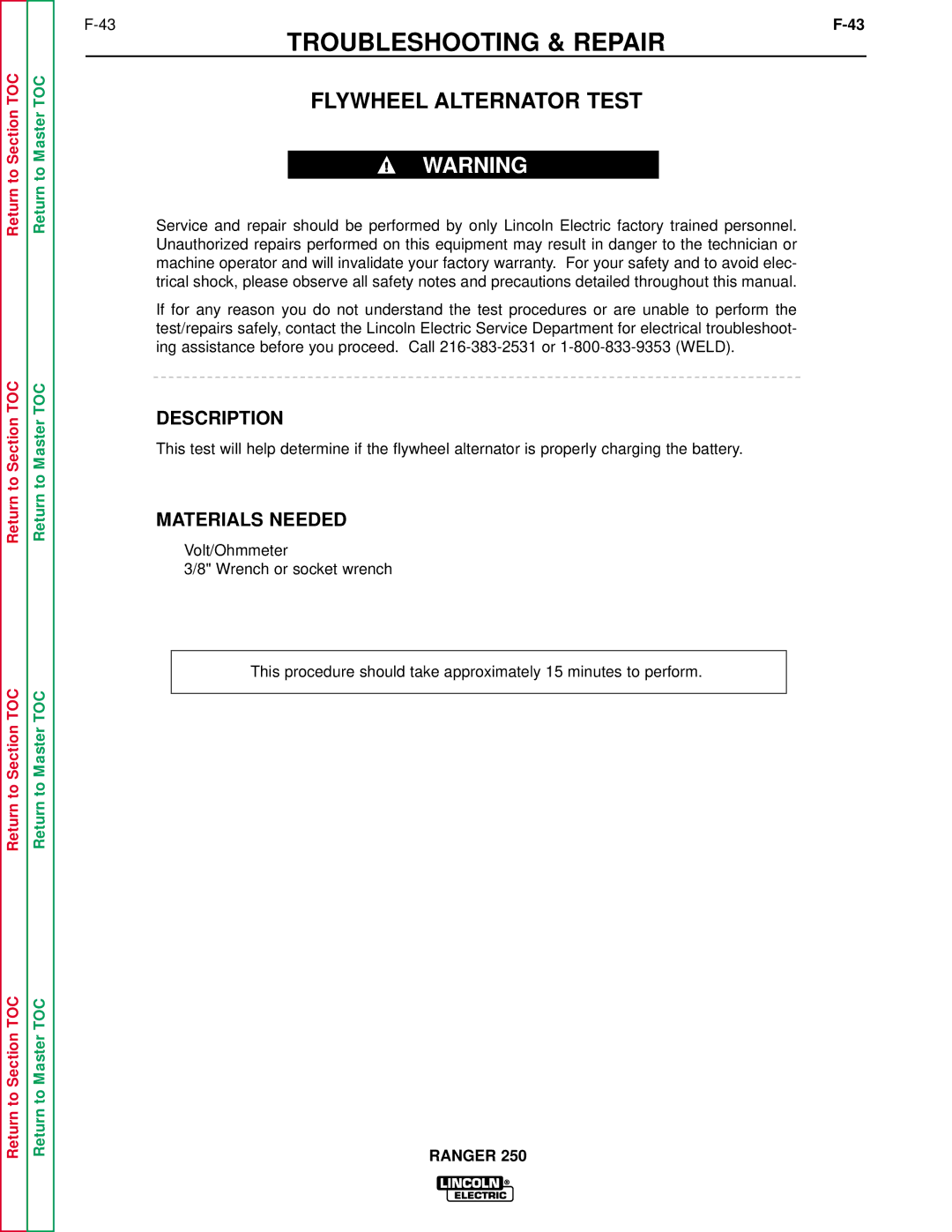 Lincoln Electric SVM150-A service manual Flywheel Alternator Test, Description 