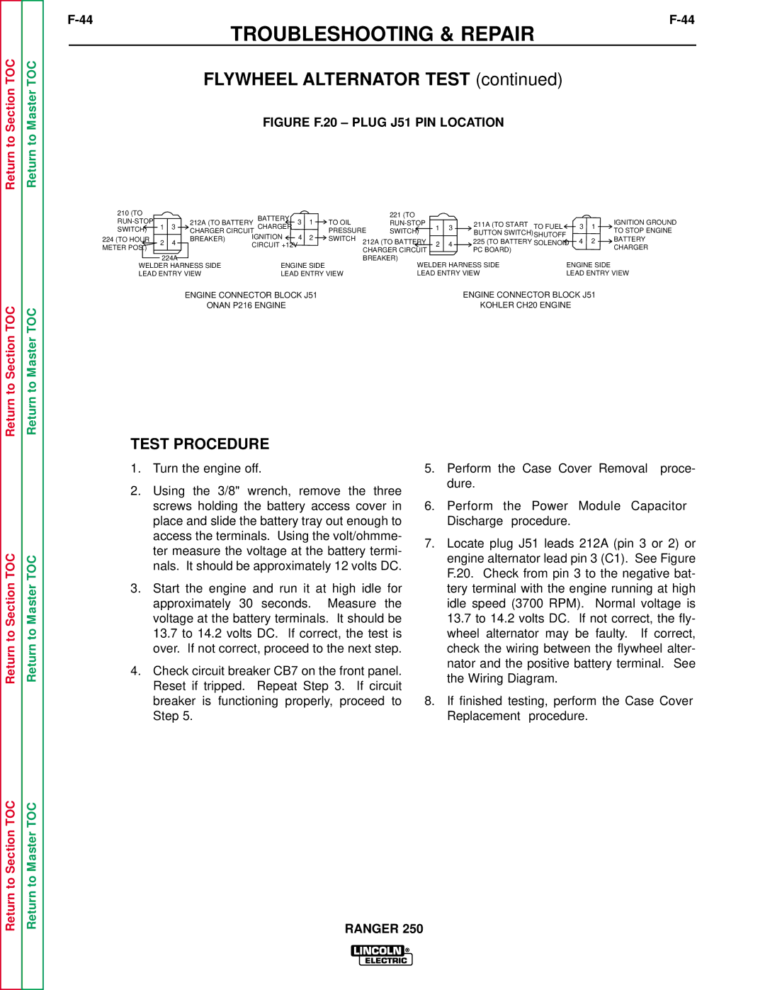 Lincoln Electric SVM150-A service manual Flywheel Alternator Test, Figure F.20 Plug J51 PIN Location 