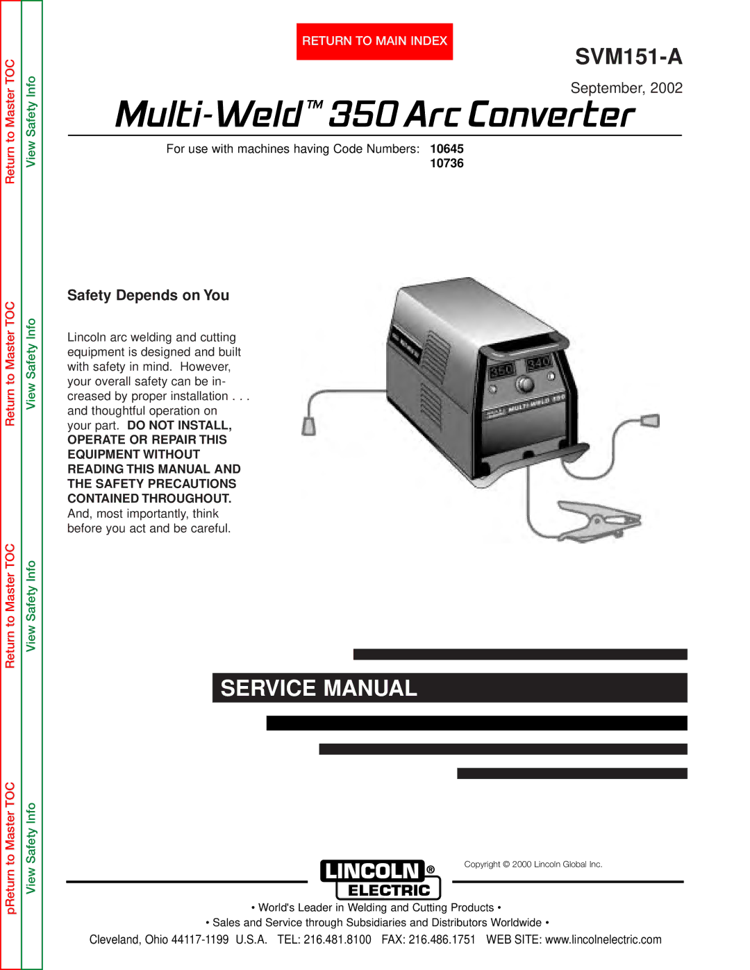 Lincoln Electric SVM151-A service manual Multi-Weld TM 350 Arc Converter 