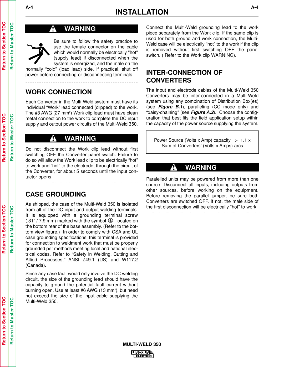 Lincoln Electric SVM151-A service manual Work Connection, Case Grounding 