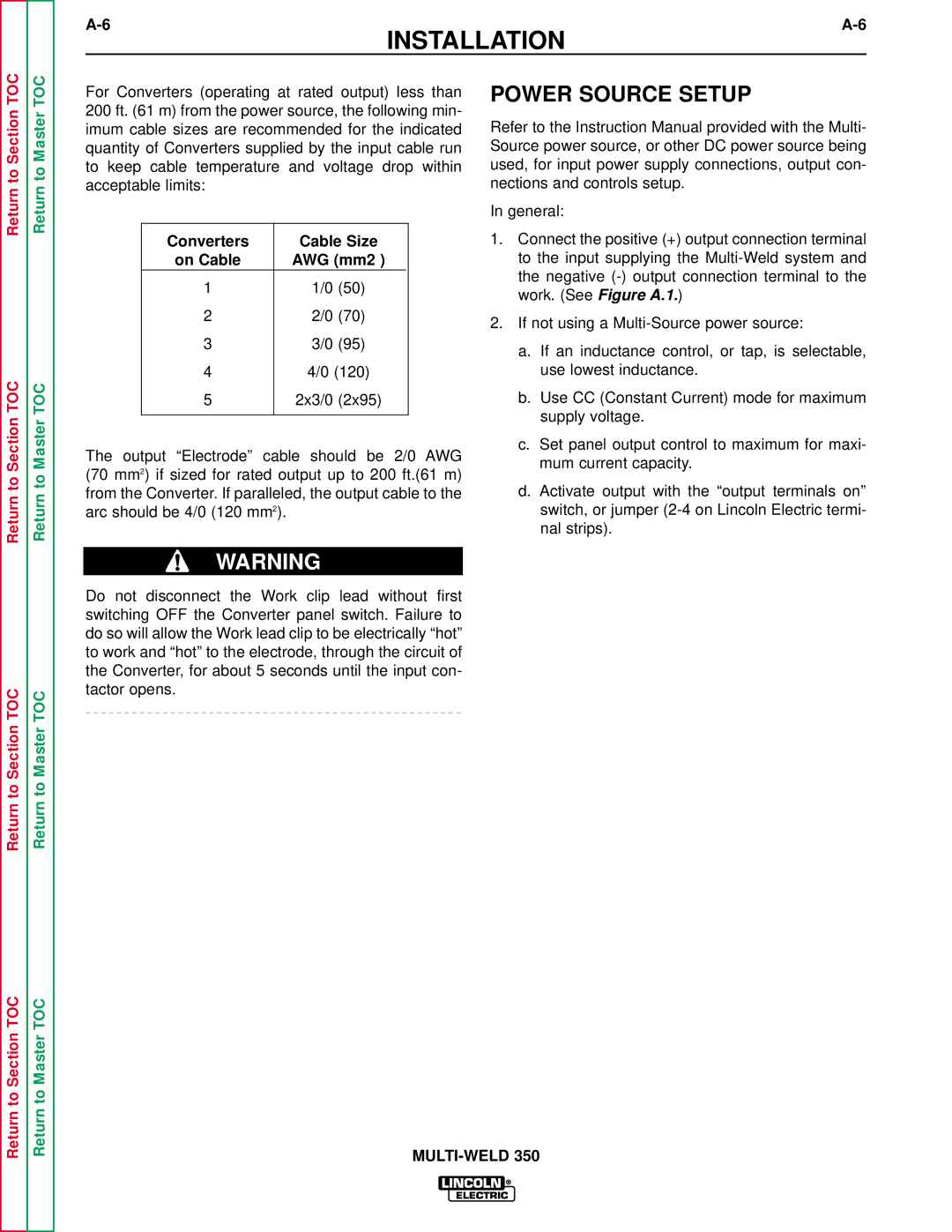 Lincoln Electric SVM151-A service manual Power Source Setup, Converters Cable Size On Cable AWG mm2 