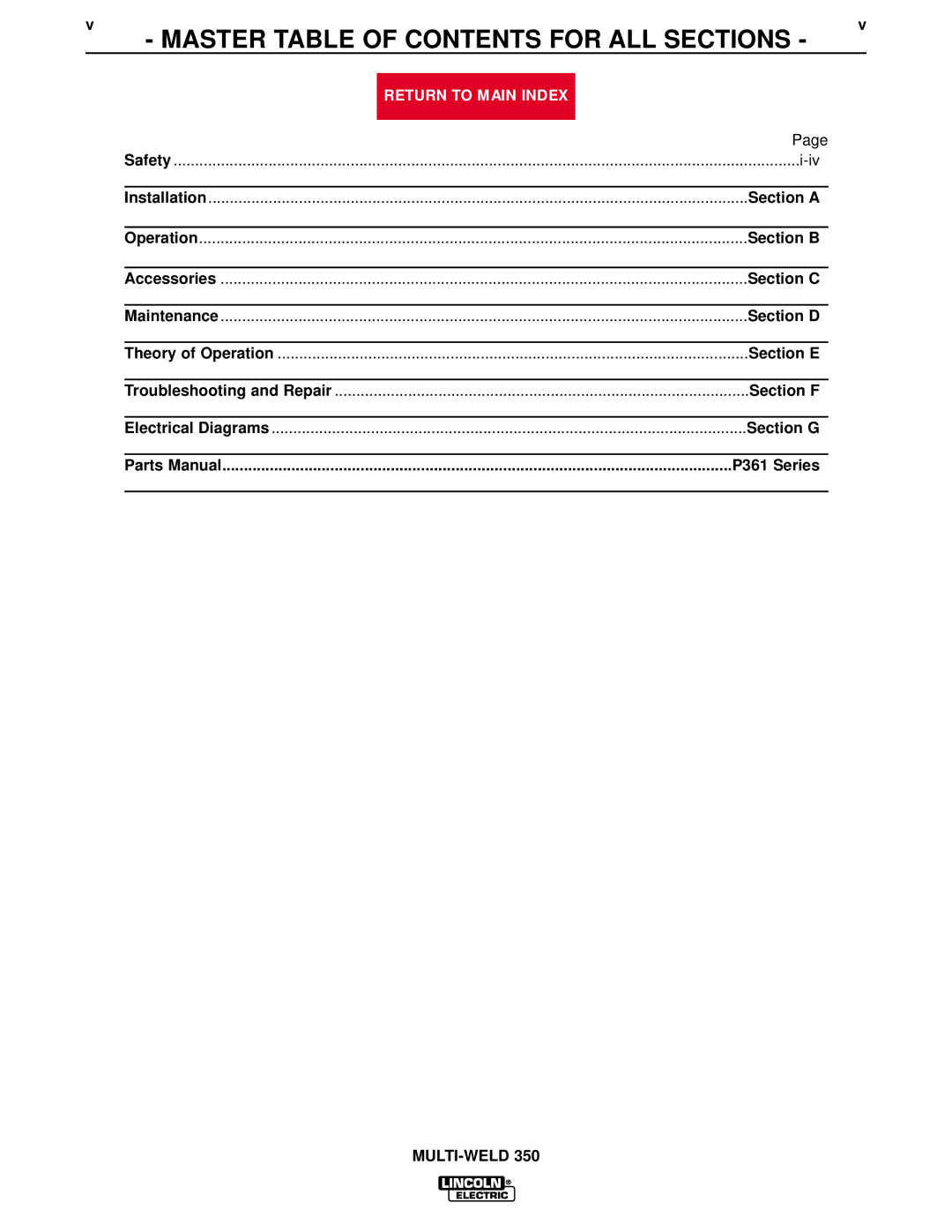 Lincoln Electric SVM151-A service manual Master Table of Contents for ALL Sections 