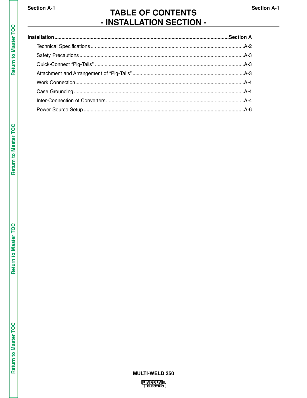 Lincoln Electric SVM151-A service manual Table of Contents Installation Section 