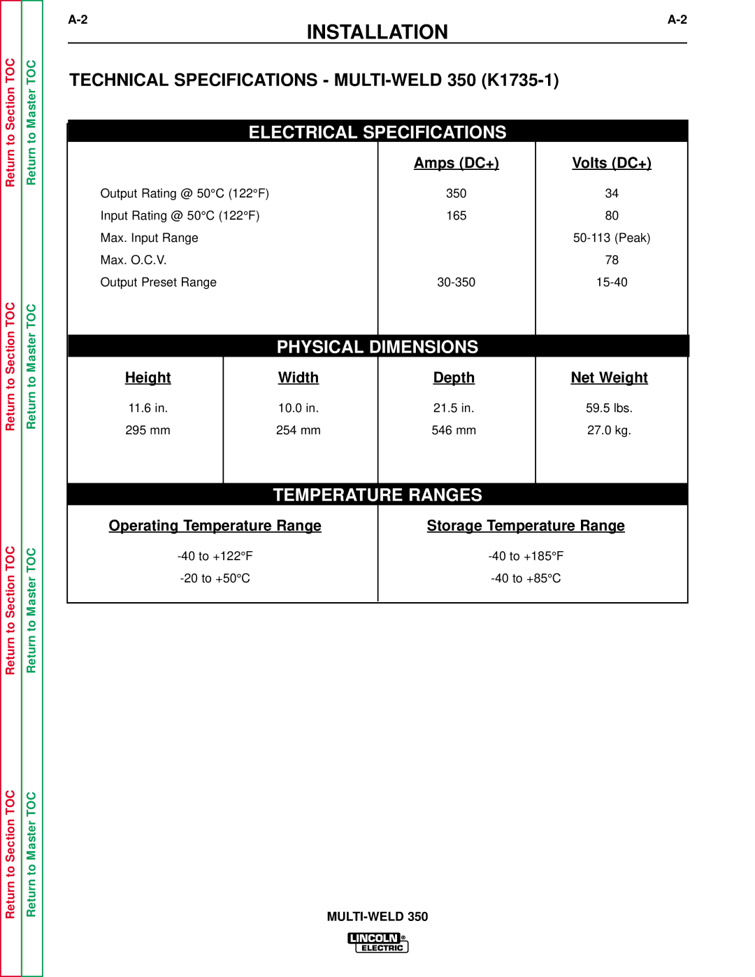 Lincoln Electric SVM151-A service manual Installation, Technical Specifications MULTI-WELD 350 K1735-1 