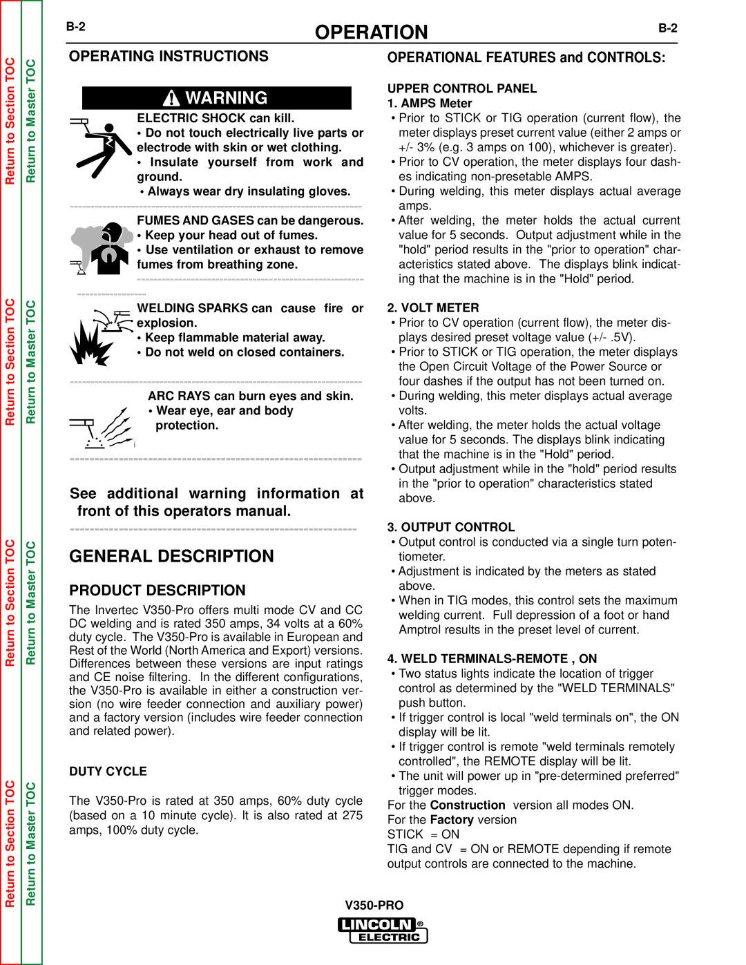 Lincoln Electric SVM152-A service manual Operation, Operating Instructions, Product Description 