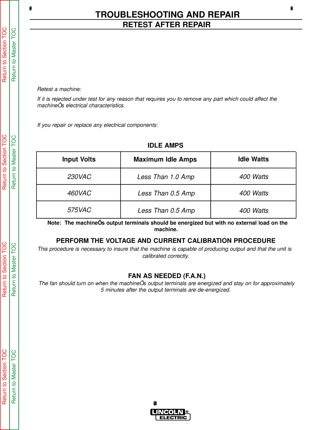 Lincoln Electric SVM152-A service manual Retest After Repair, Idle Amps, FAN AS Needed F.A.N 