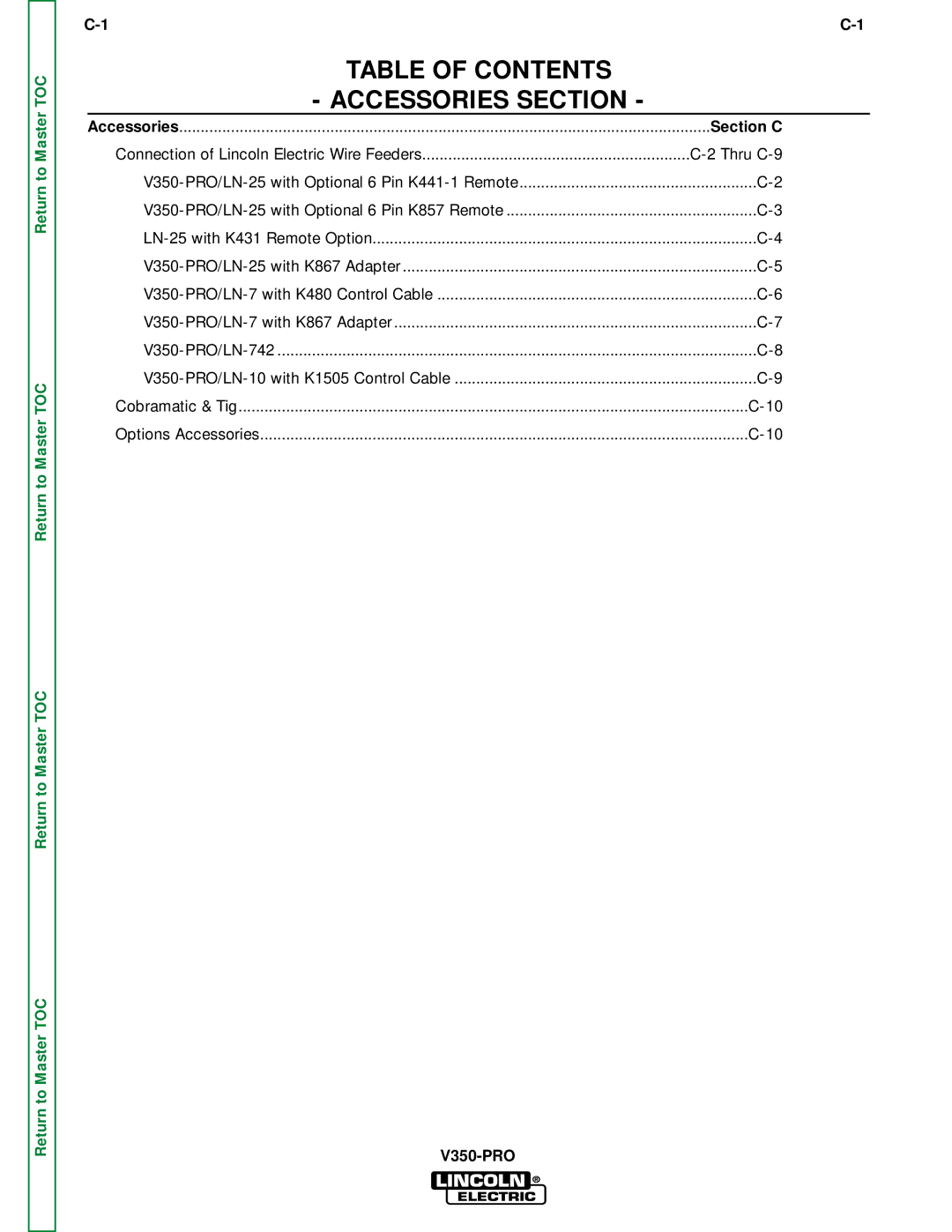 Lincoln Electric SVM152-A service manual Table of Contents Accessories Section 