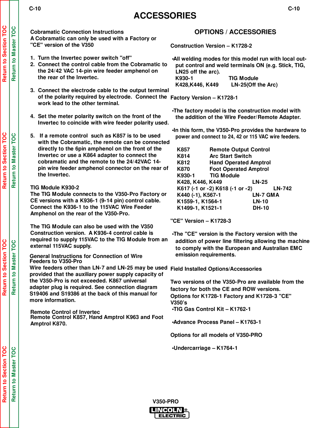 Lincoln Electric SVM152-A service manual Options / Accessories 