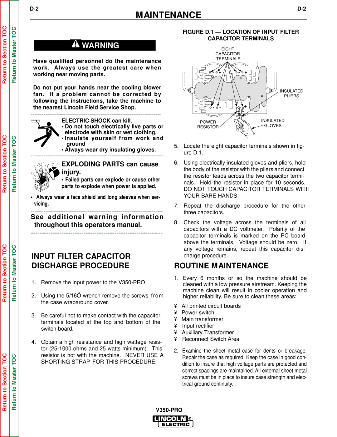 Lincoln Electric SVM152-A service manual Input Filter Capacitor Discharge Procedure, Routine Maintenance 