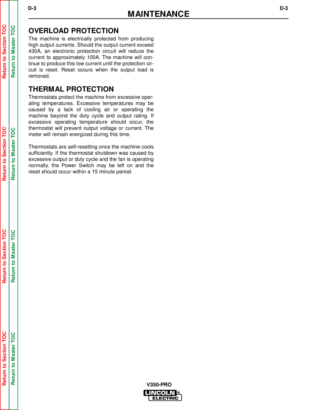 Lincoln Electric SVM152-A service manual Overload Protection, Thermal Protection 