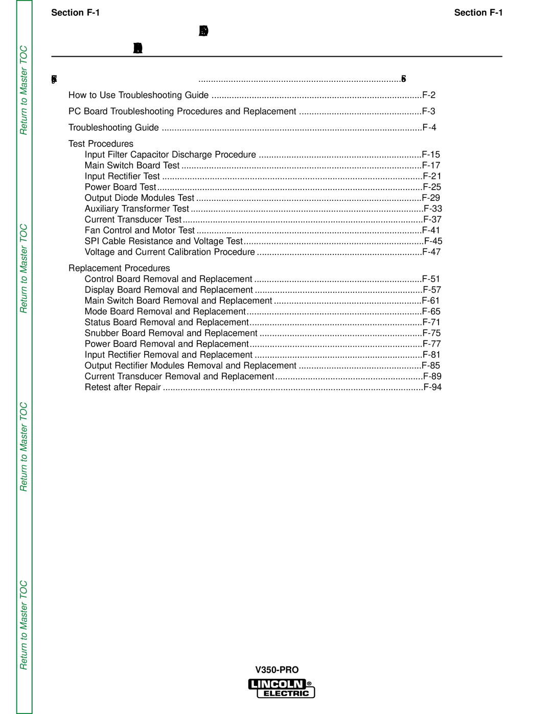 Lincoln Electric SVM152-A service manual Table of Contents Troubleshooting & Repair Section 