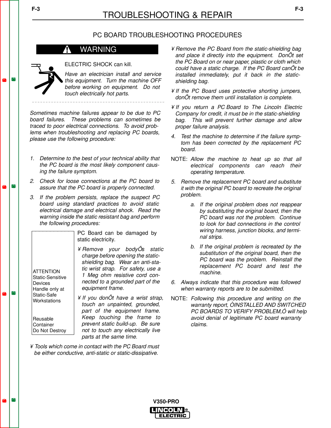 Lincoln Electric SVM152-A service manual PC Board Troubleshooting Procedures, PC Board can be damaged by static electricity 