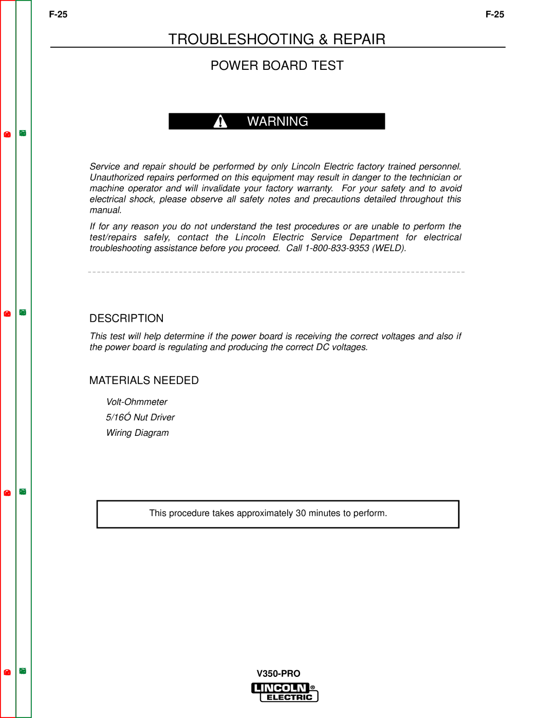 Lincoln Electric SVM152-A service manual Power Board Test, Description 