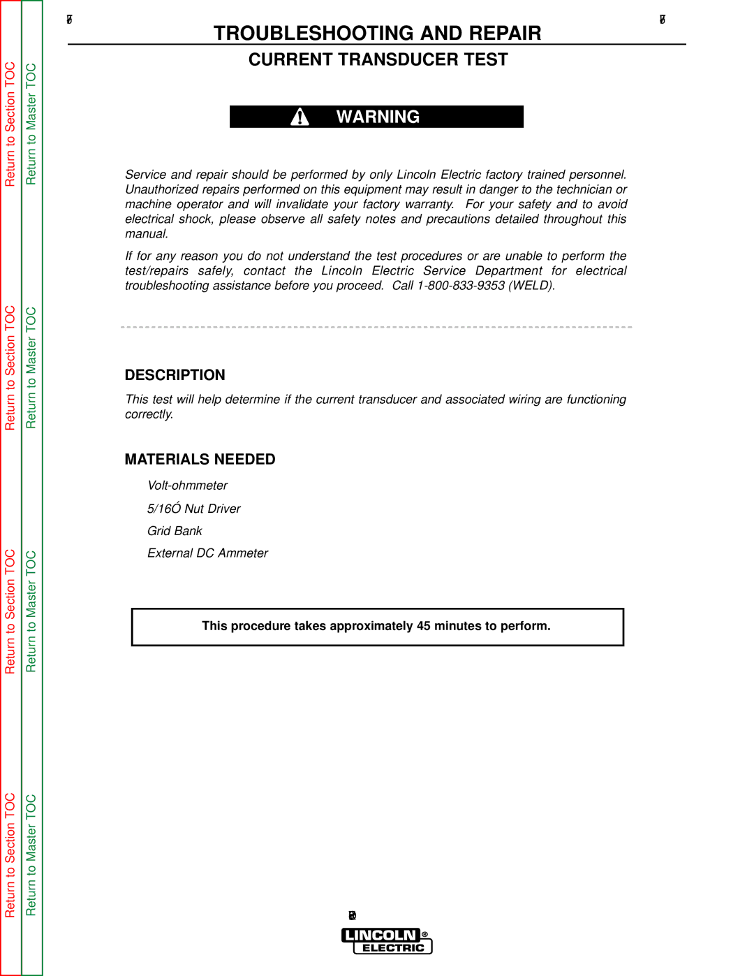 Lincoln Electric SVM152-A service manual Troubleshooting and Repair, Current Transducer Test 