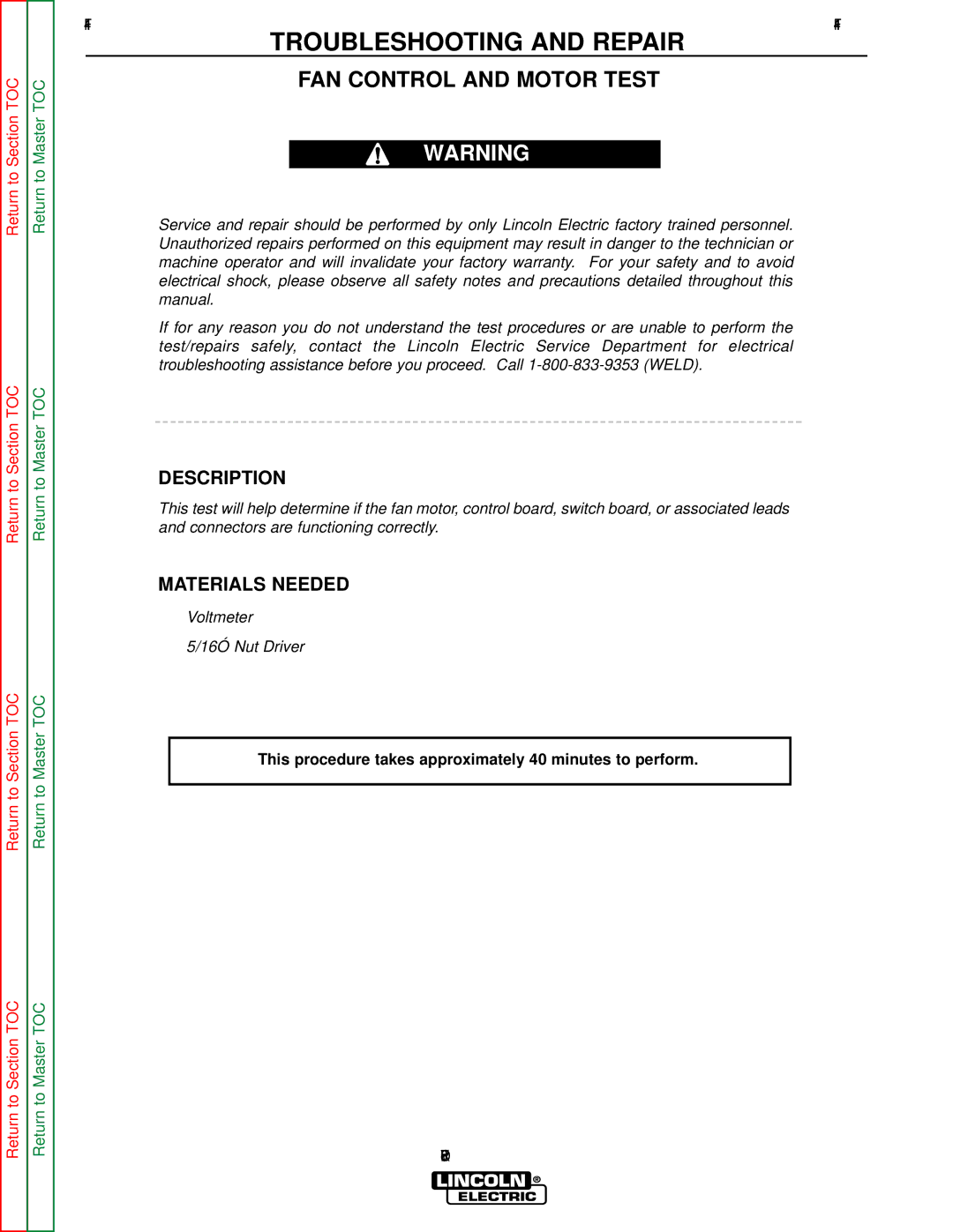 Lincoln Electric SVM152-A service manual FAN Control and Motor Test, Description 