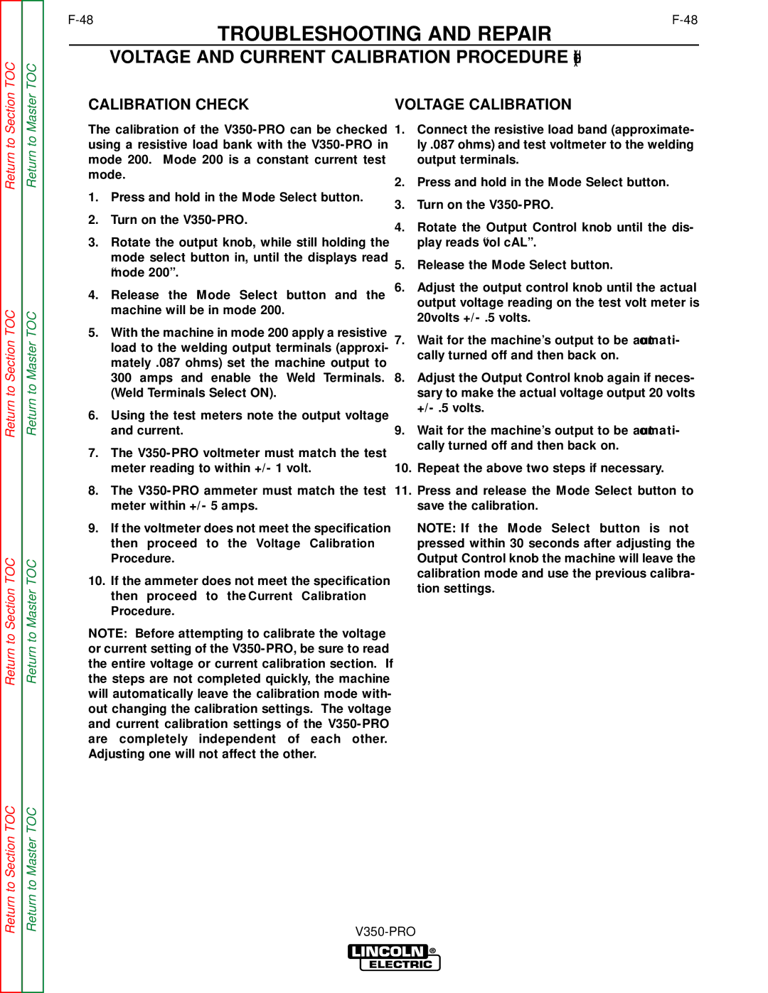 Lincoln Electric SVM152-A service manual Voltage and Current Calibration Procedure, Calibration Check 