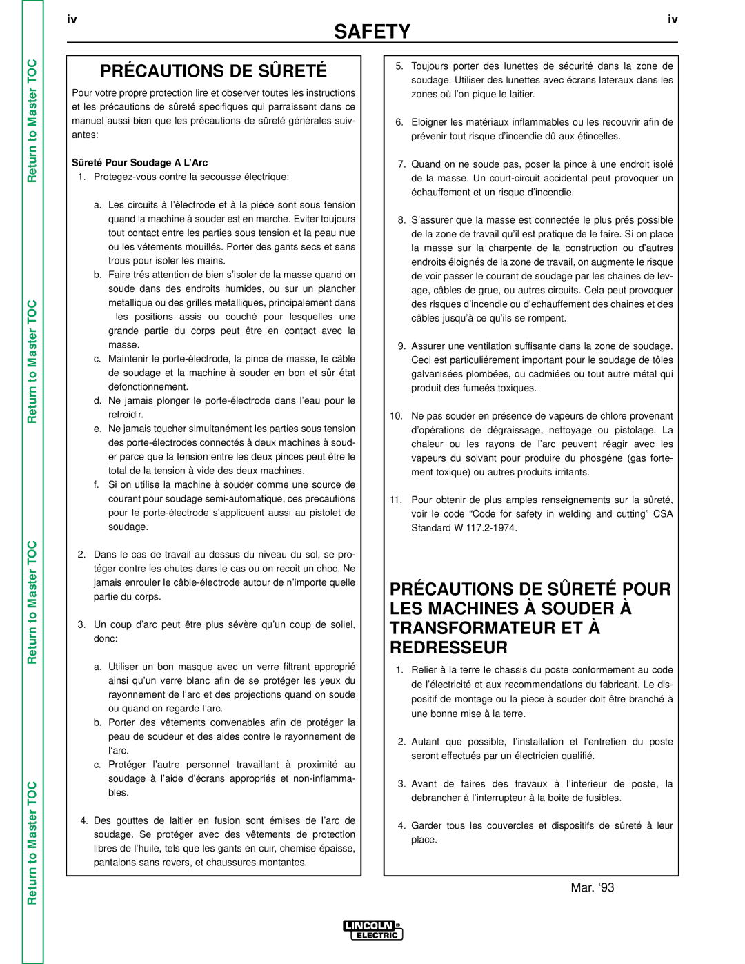 Lincoln Electric SVM153-A service manual Précautions DE Sûreté, Sûreté Pour Soudage a L’Arc 