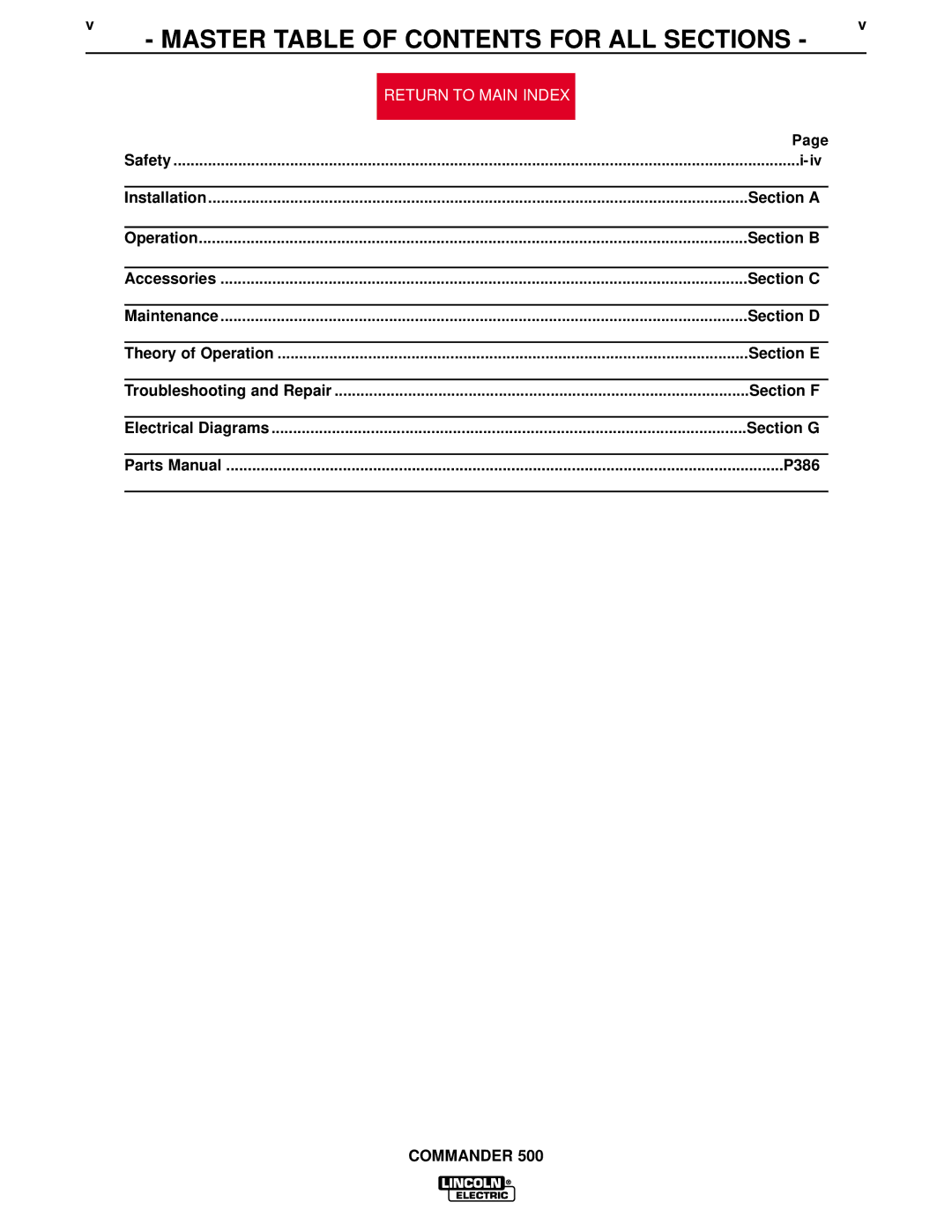 Lincoln Electric SVM153-A service manual Master Table of Contents for ALL Sections 