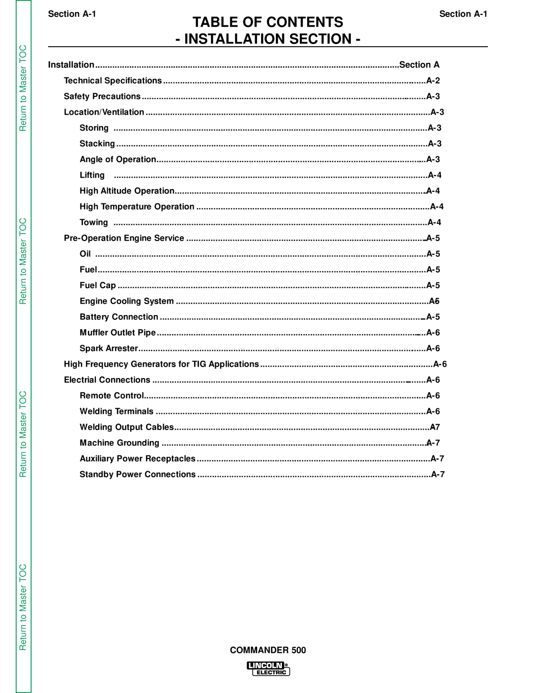 Lincoln Electric SVM153-A service manual Table of Contents Installation Section 