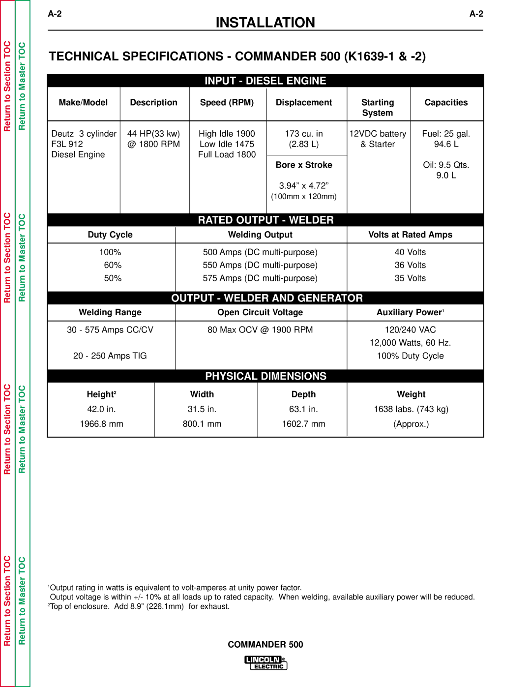 Lincoln Electric SVM153-A service manual Installation, Technical Specifications Commander 500 K1639-1 