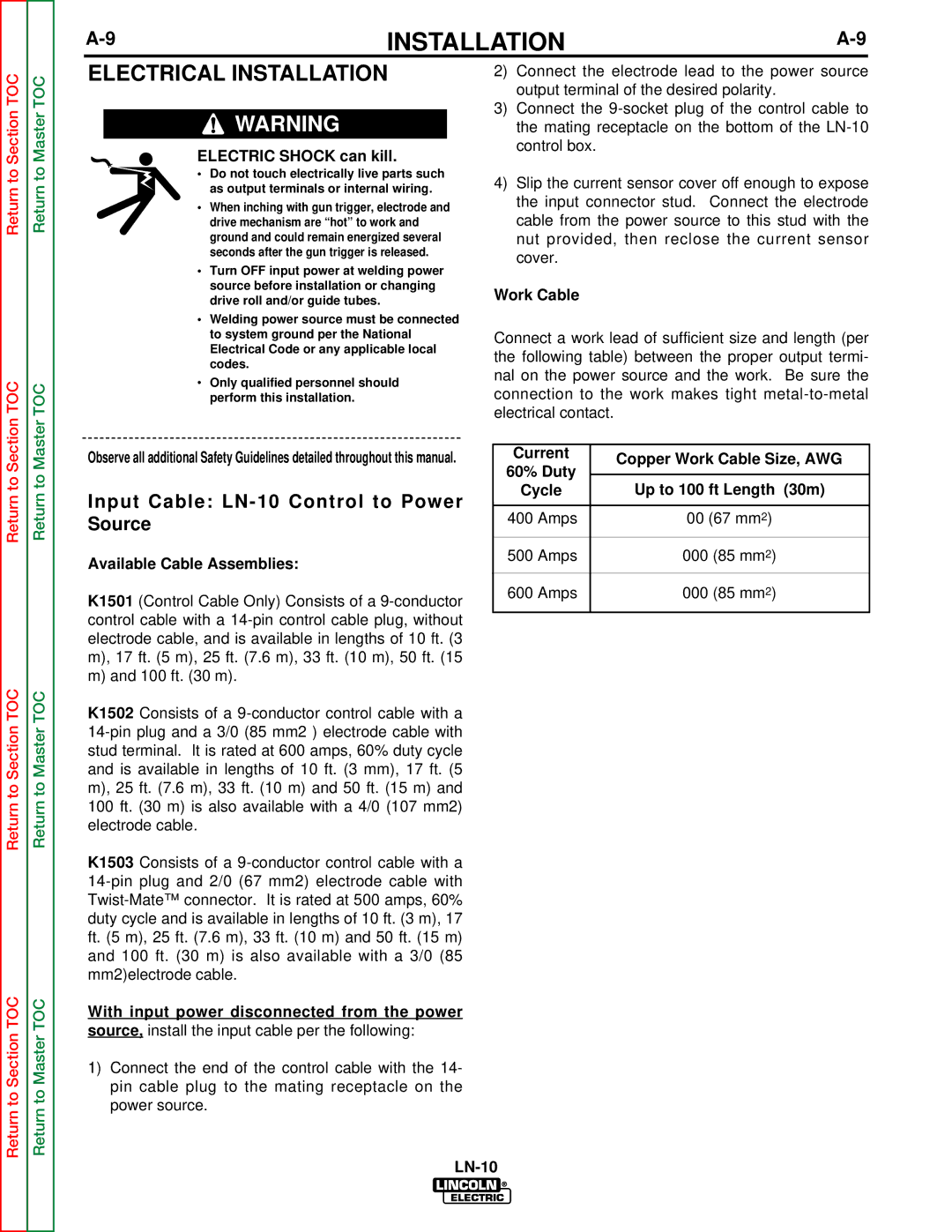 Lincoln Electric SVM154-A service manual Electrical Installation, Input Cable LN-10 Control to Power Source 