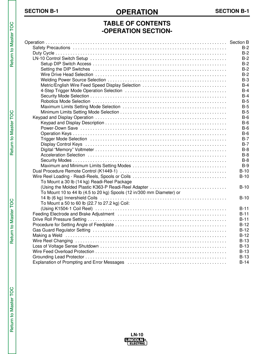 Lincoln Electric SVM154-A service manual Table of Contents Operation Section 