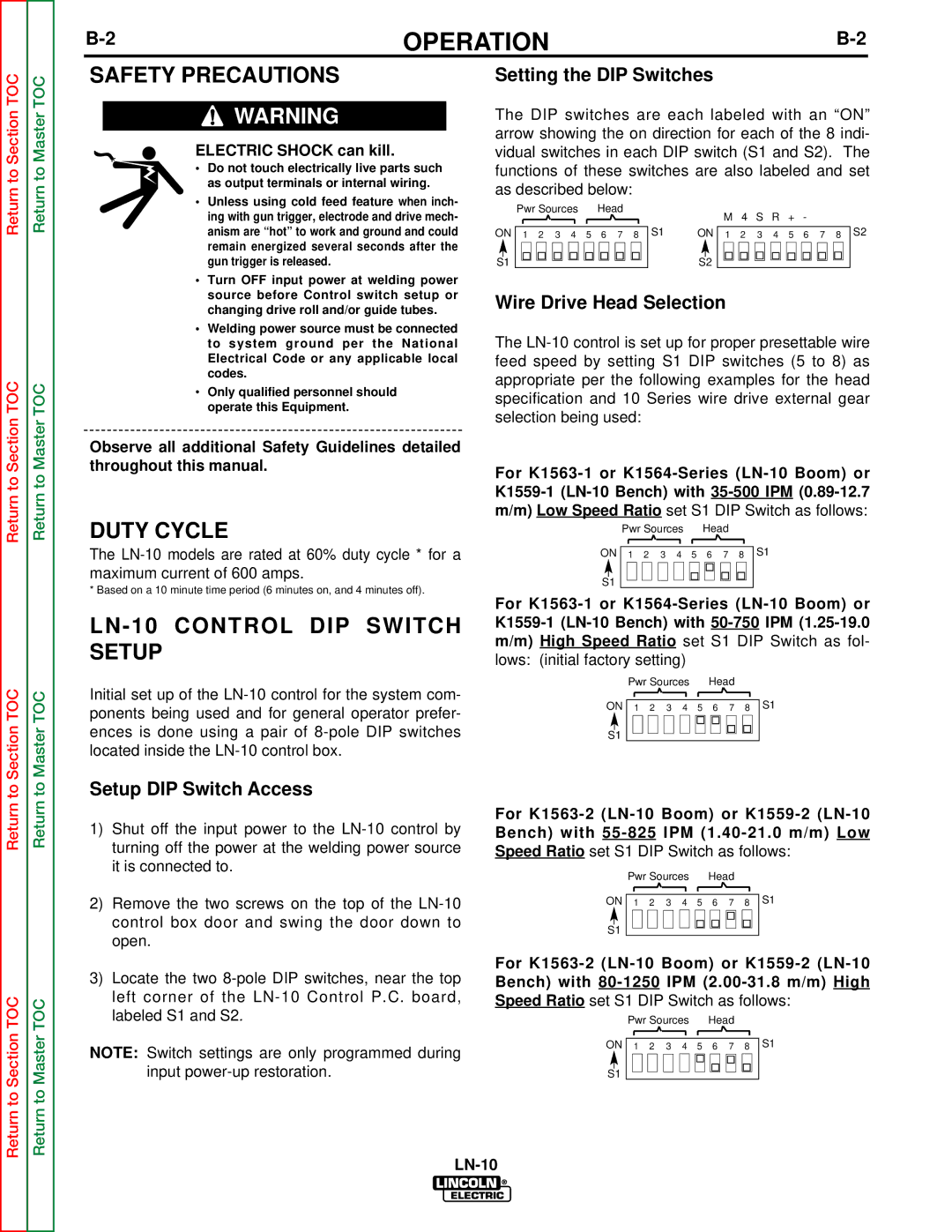 Lincoln Electric SVM154-A Duty Cycle, LN-10 Control DIP Switch Setup, Setting the DIP Switches, Wire Drive Head Selection 