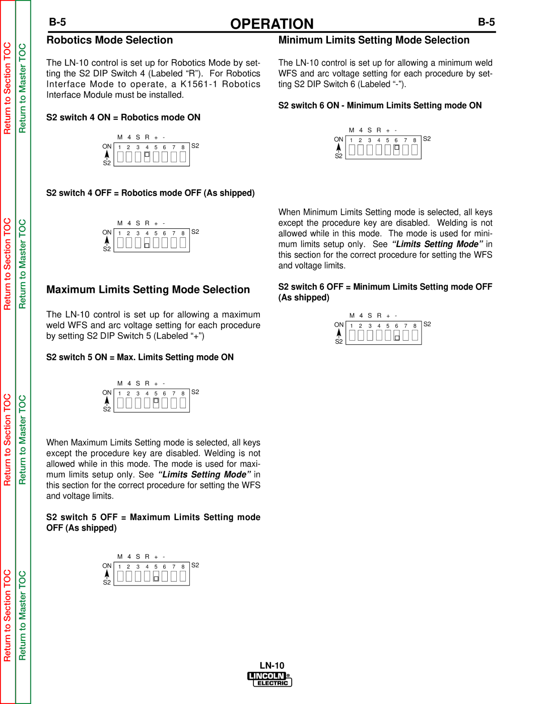 Lincoln Electric SVM154-A service manual Maximum Limits Setting Mode Selection, S2 switch 4 on = Robotics mode on 