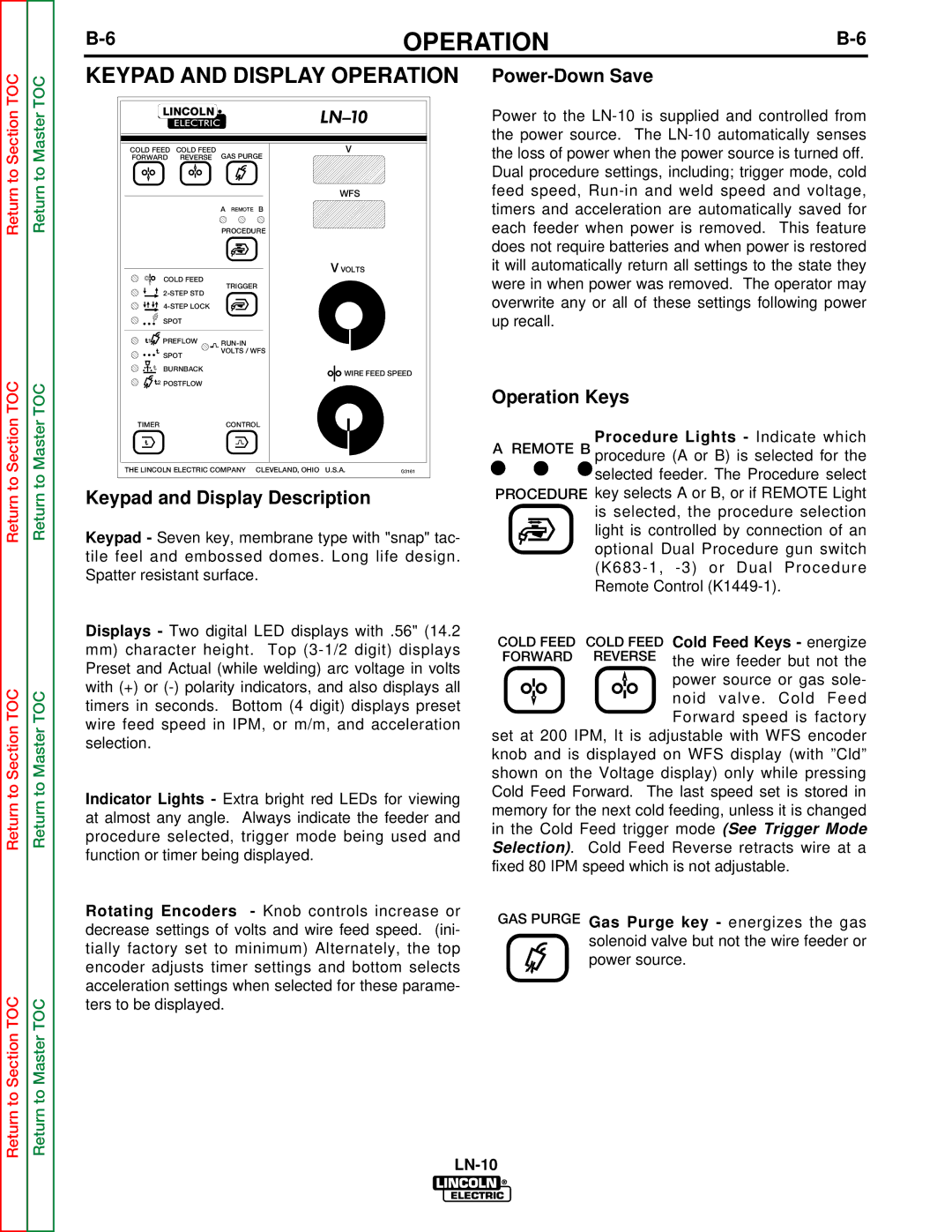 Lincoln Electric SVM154-A Keypad and Display Operation, Keypad and Display Description, Power-Down Save, Operation Keys 