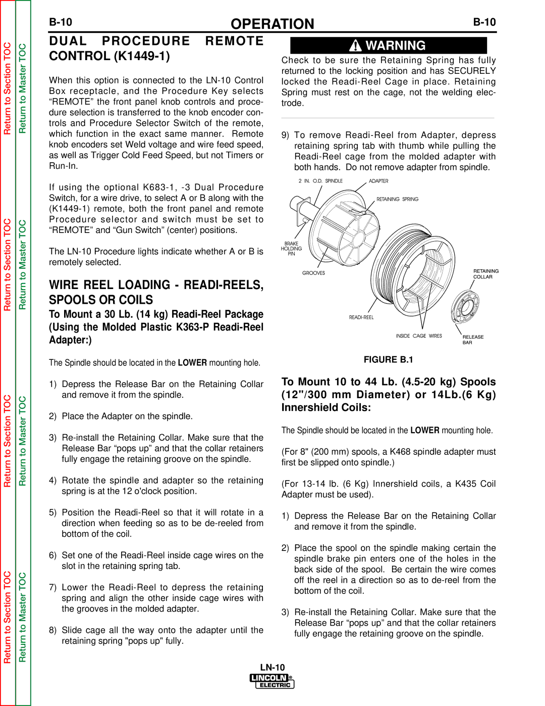 Lincoln Electric SVM154-A service manual Dual Procedure Remote, Wire Reel Loading READI-REELS Spools or Coils 