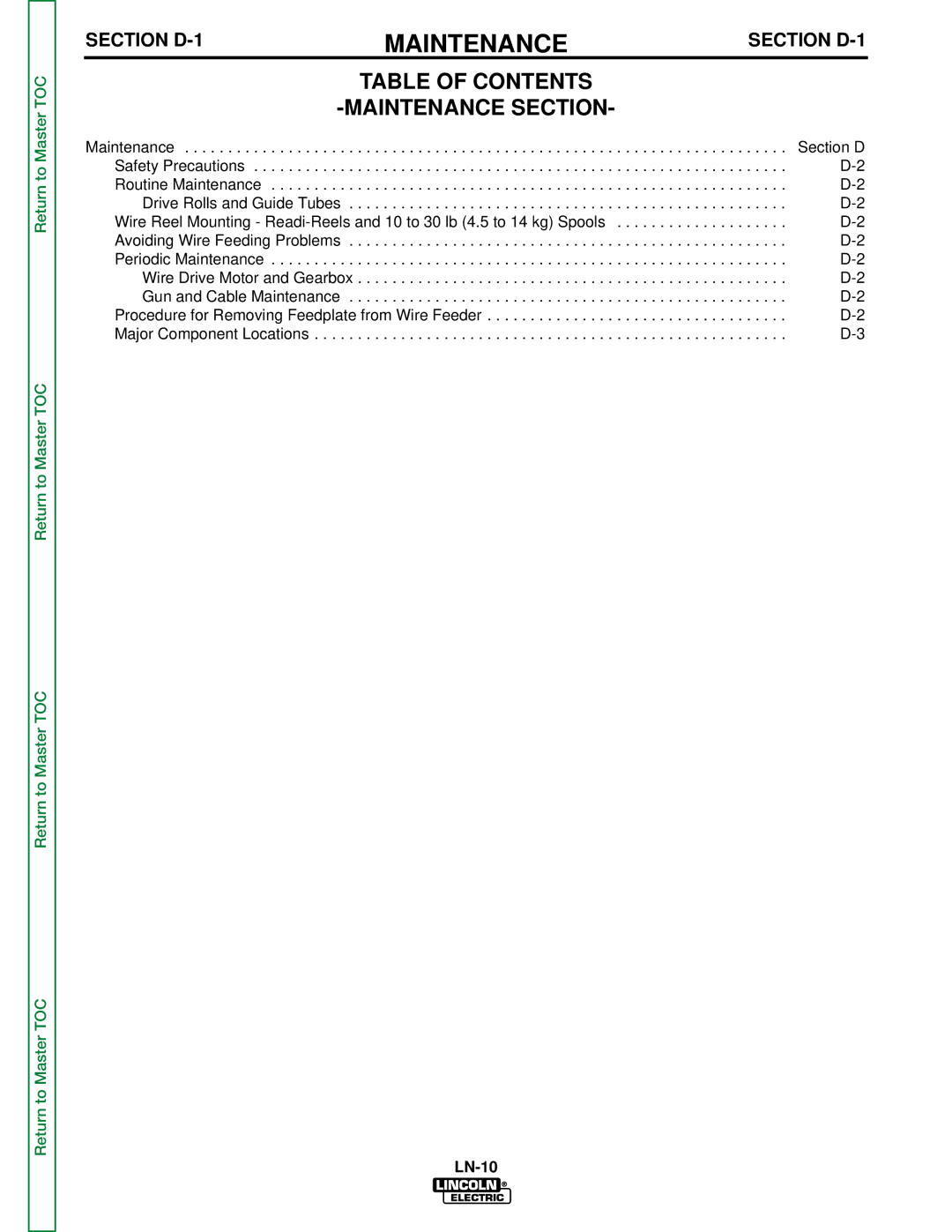 Lincoln Electric SVM154-A service manual Table of Contents Maintenance Section 