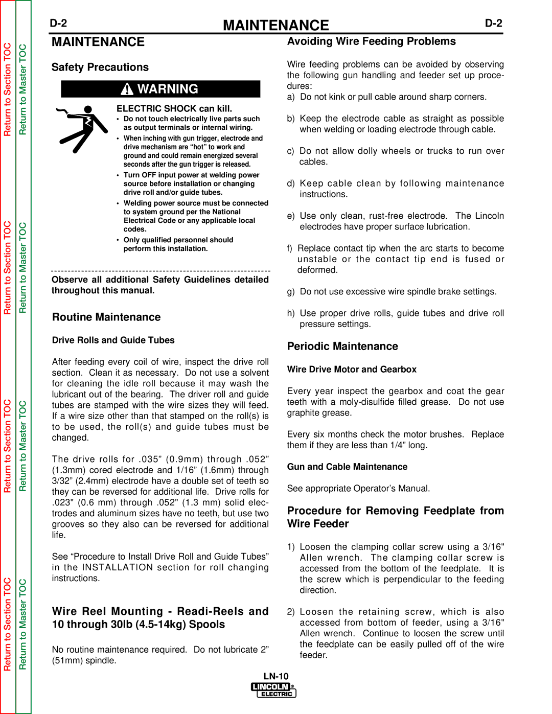 Lincoln Electric SVM154-A Avoiding Wire Feeding Problems Safety Precautions, Routine Maintenance, Periodic Maintenance 