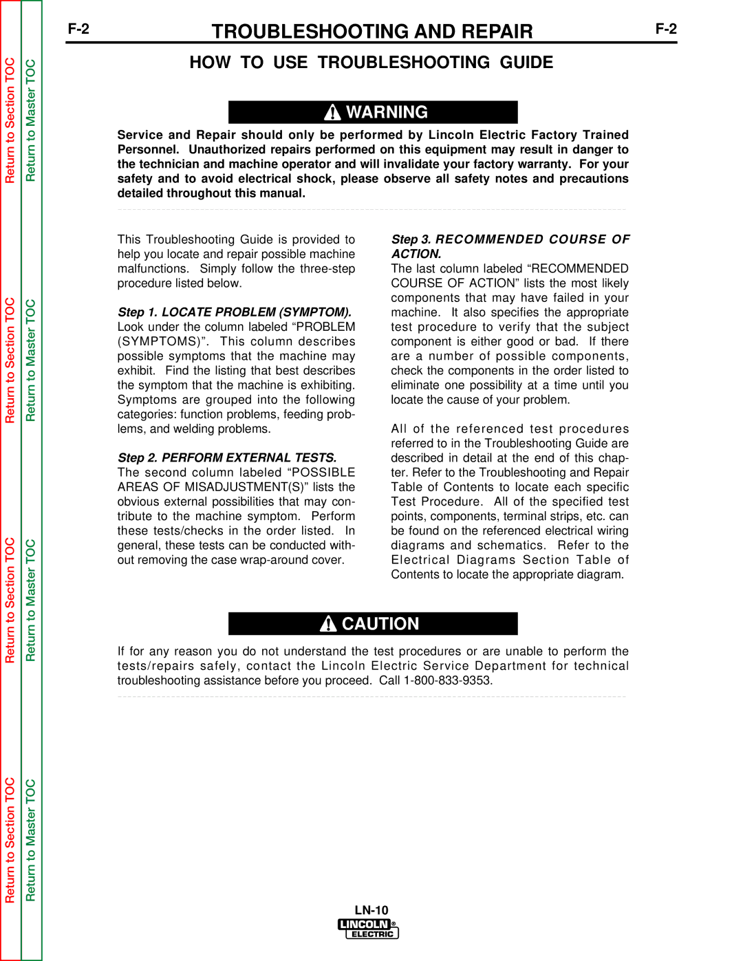 Lincoln Electric SVM154-A service manual HOW to USE Troubleshooting Guide, Return to Return to Master TOC 