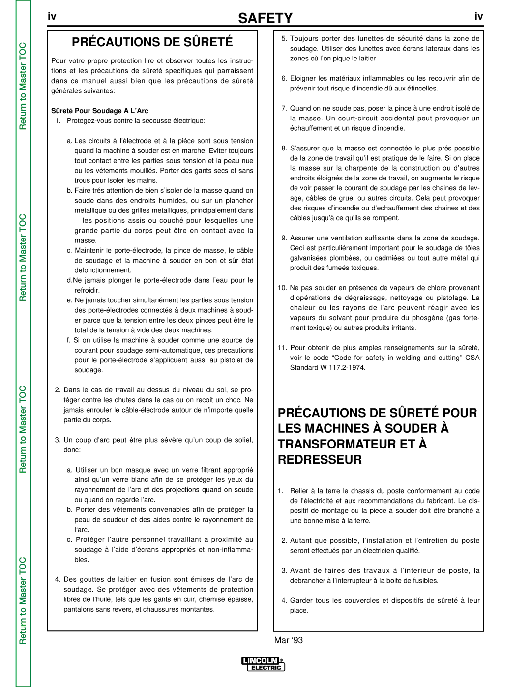 Lincoln Electric SVM154-A service manual Précautions DE Sûreté, Sûreté Pour Soudage a L’Arc 