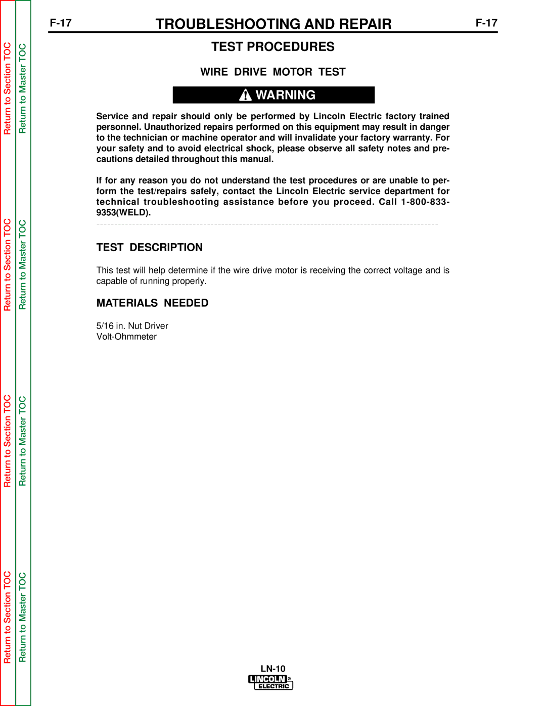 Lincoln Electric SVM154-A service manual Test Procedures, Wire Drive Motor Test, Test Description, Materials Needed 