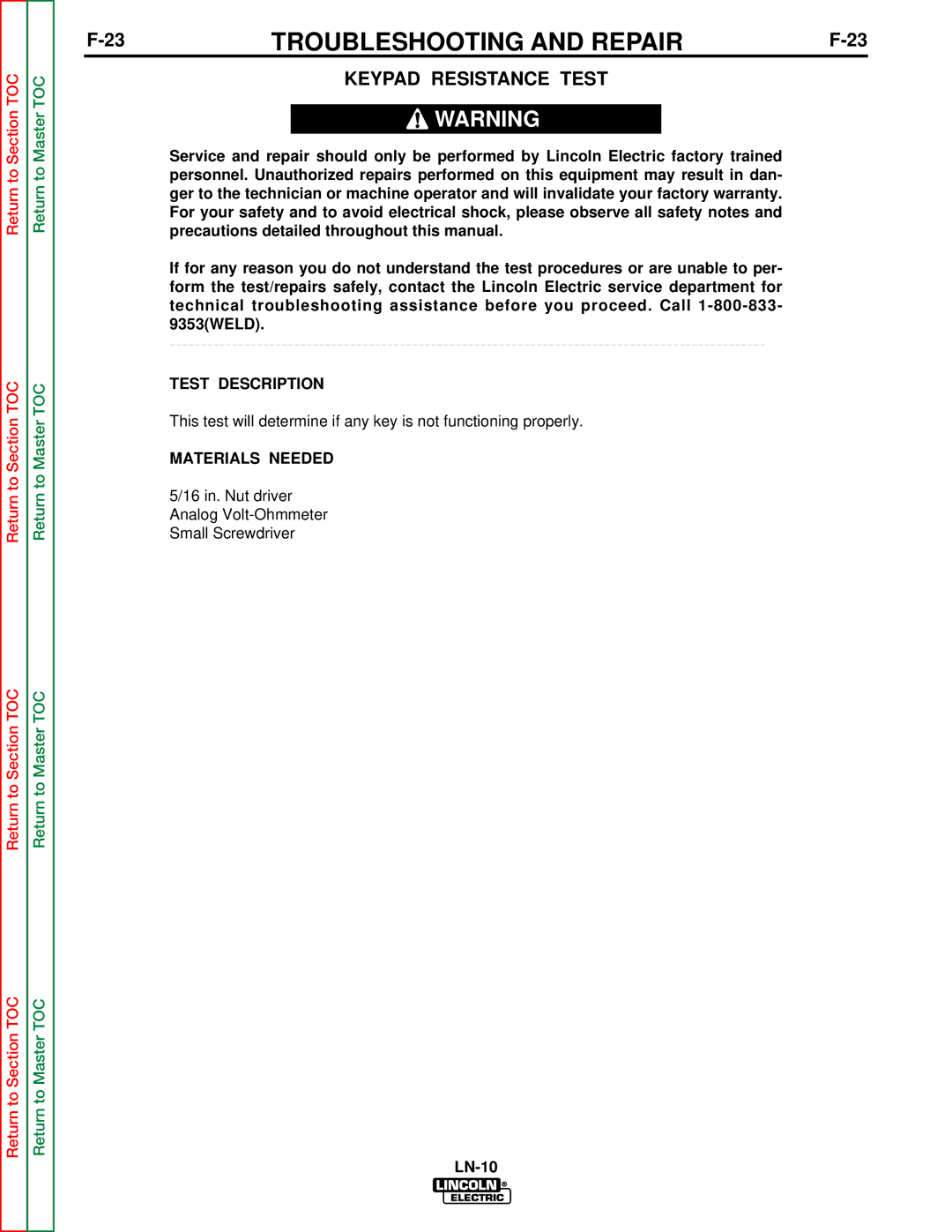 Lincoln Electric SVM154-A service manual Keypad Resistance Test 