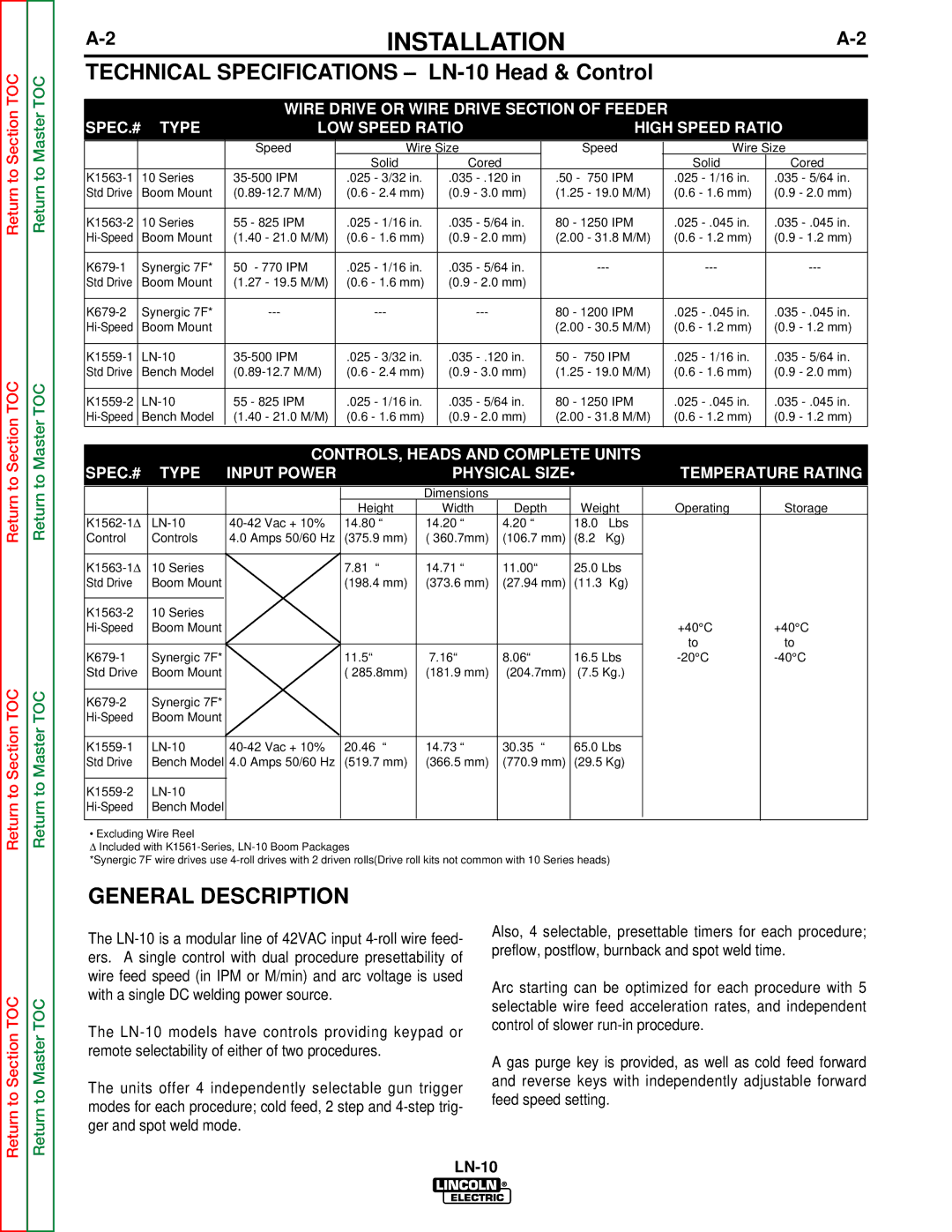 Lincoln Electric SVM154-A service manual Technical Specifications LN-10 Head & Control, General Description 