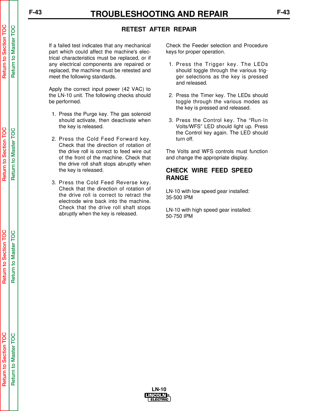 Lincoln Electric SVM154-A service manual Retest After Repair, Check Wire Feed Speed Range 