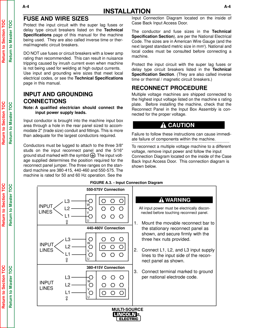 Lincoln Electric SVM155-A service manual Fuse and Wire Sizes, Input and Grounding Connections 