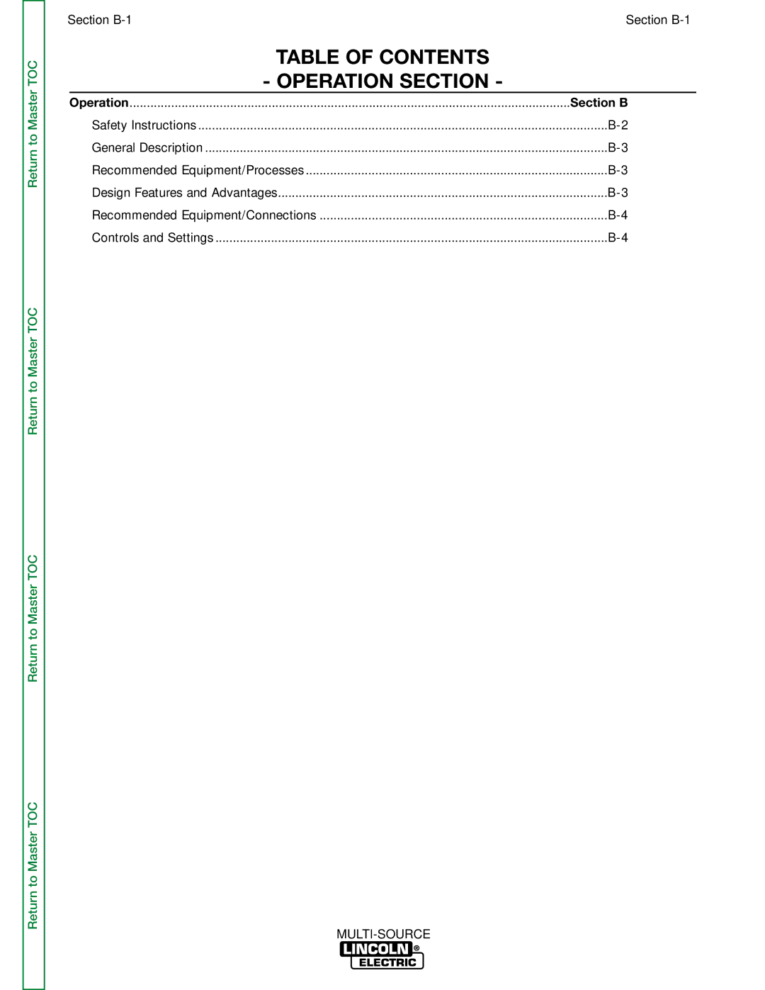 Lincoln Electric SVM155-A service manual Table of Contents Operation Section 