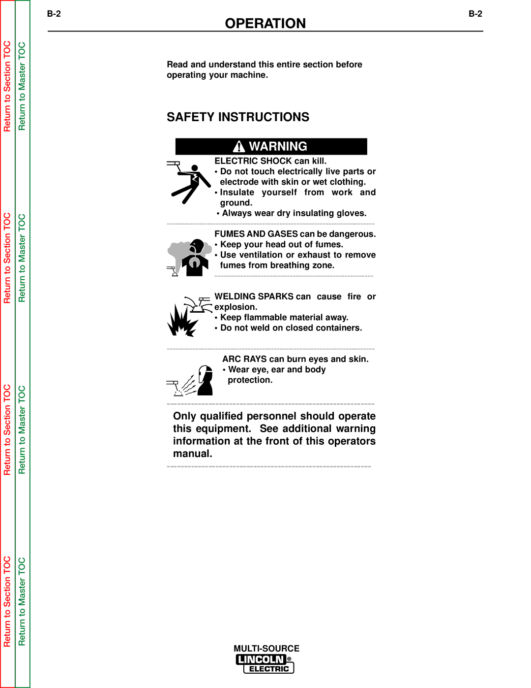 Lincoln Electric SVM155-A service manual Operation, Safety Instructions 