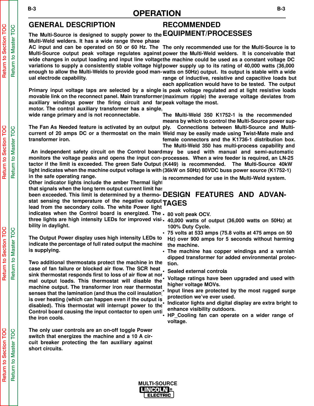 Lincoln Electric SVM155-A General Description, Recommended EQUIPMENT/PROCESSES, Design Features and ADVAN- Tages 