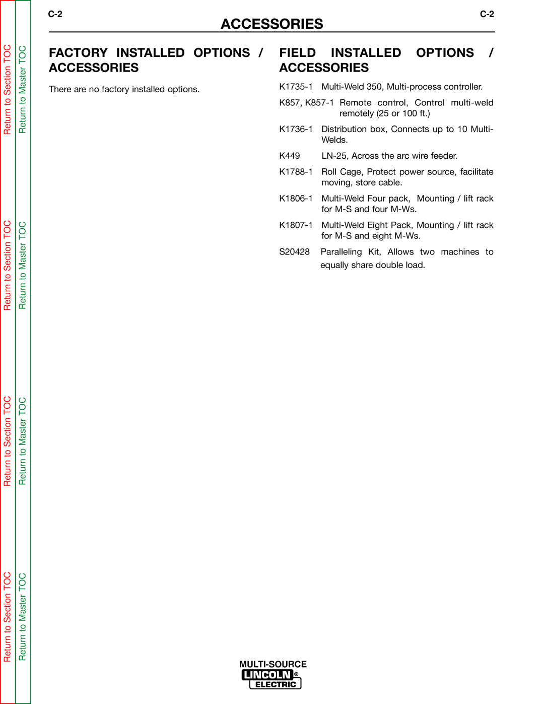 Lincoln Electric SVM155-A service manual Factory Installed Options / Accessories, Field Installed Options / Accessories 