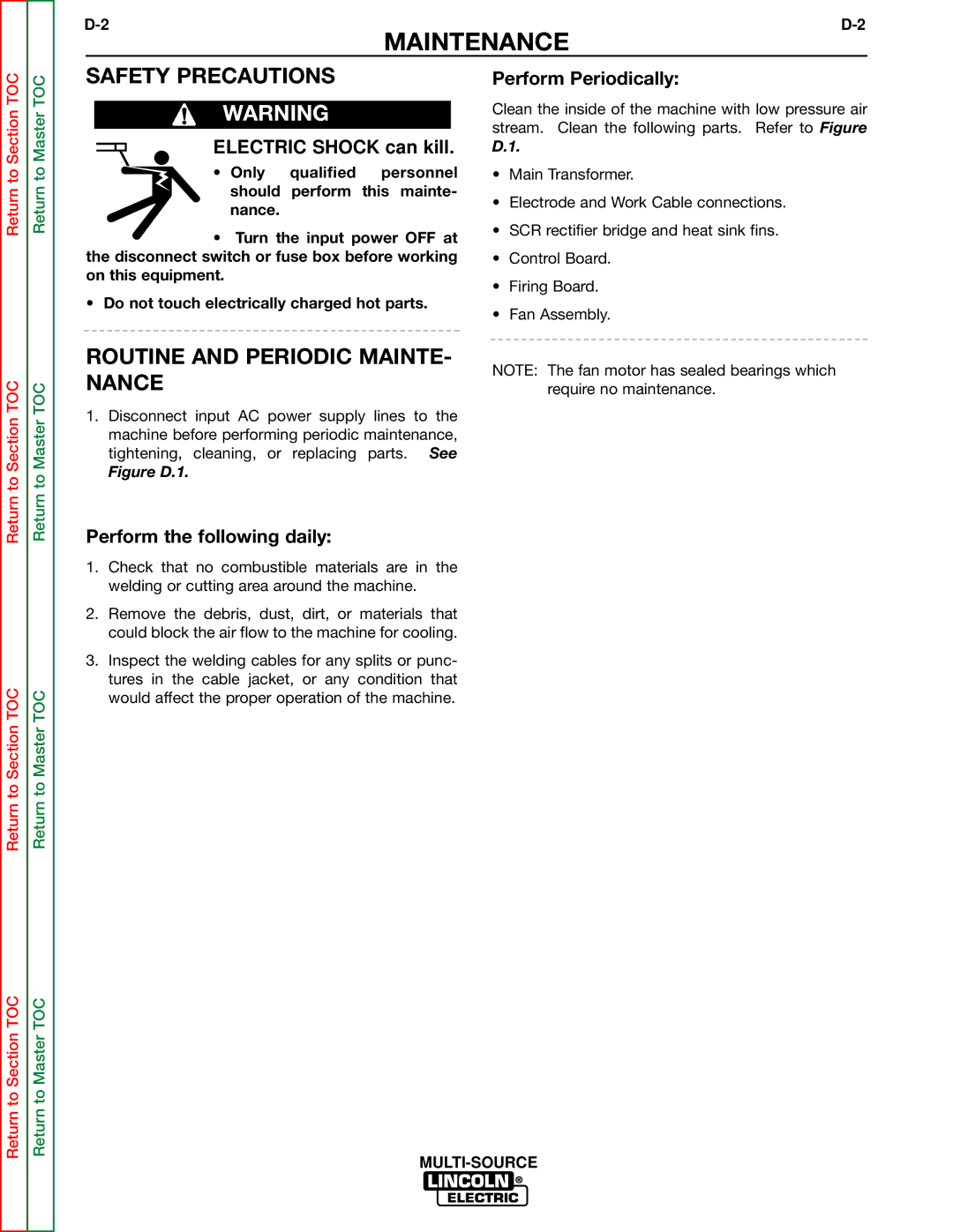 Lincoln Electric SVM155-A service manual Safety Precautions, Routine and Periodic MAINTE- Nance 