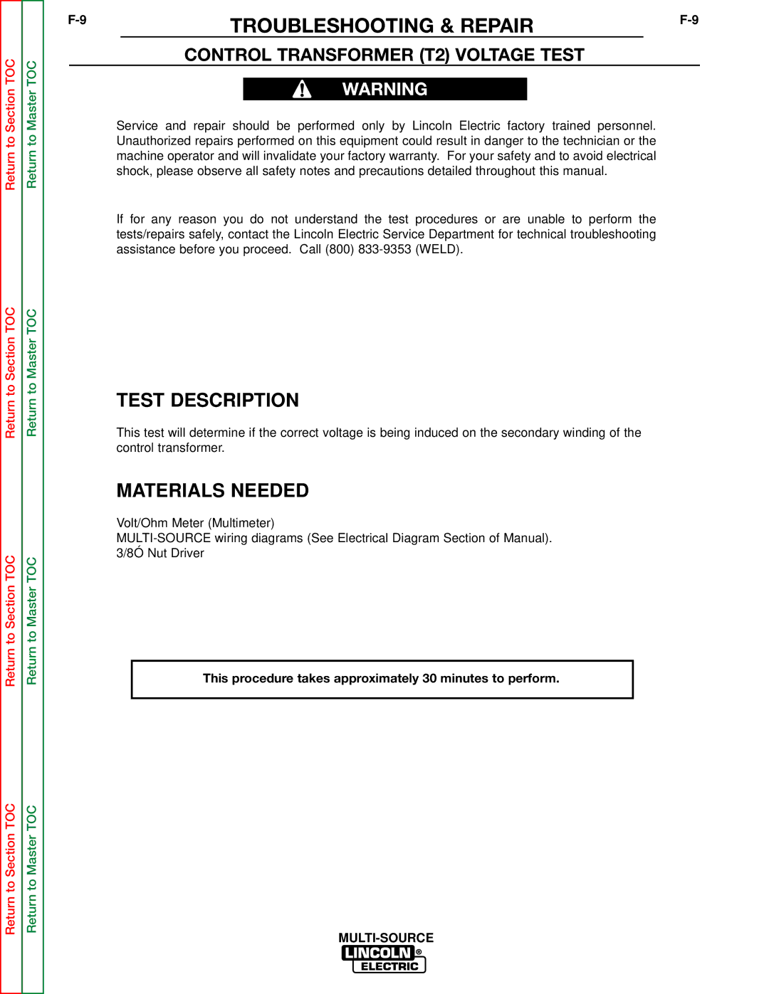 Lincoln Electric SVM155-A service manual Test Description, Control Transformer T2 Voltage Test 