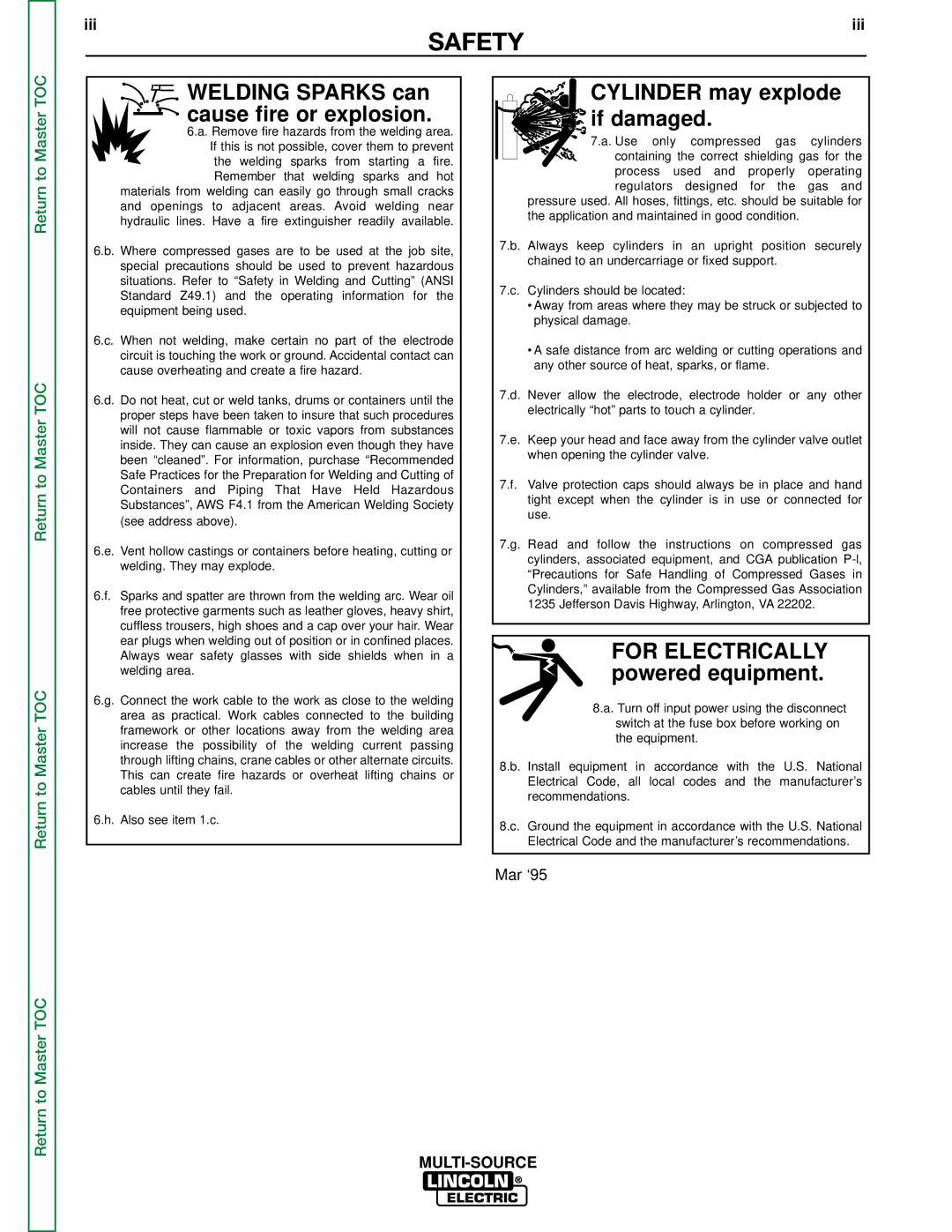 Lincoln Electric SVM155-A service manual Welding Sparks can cause fire or explosion 